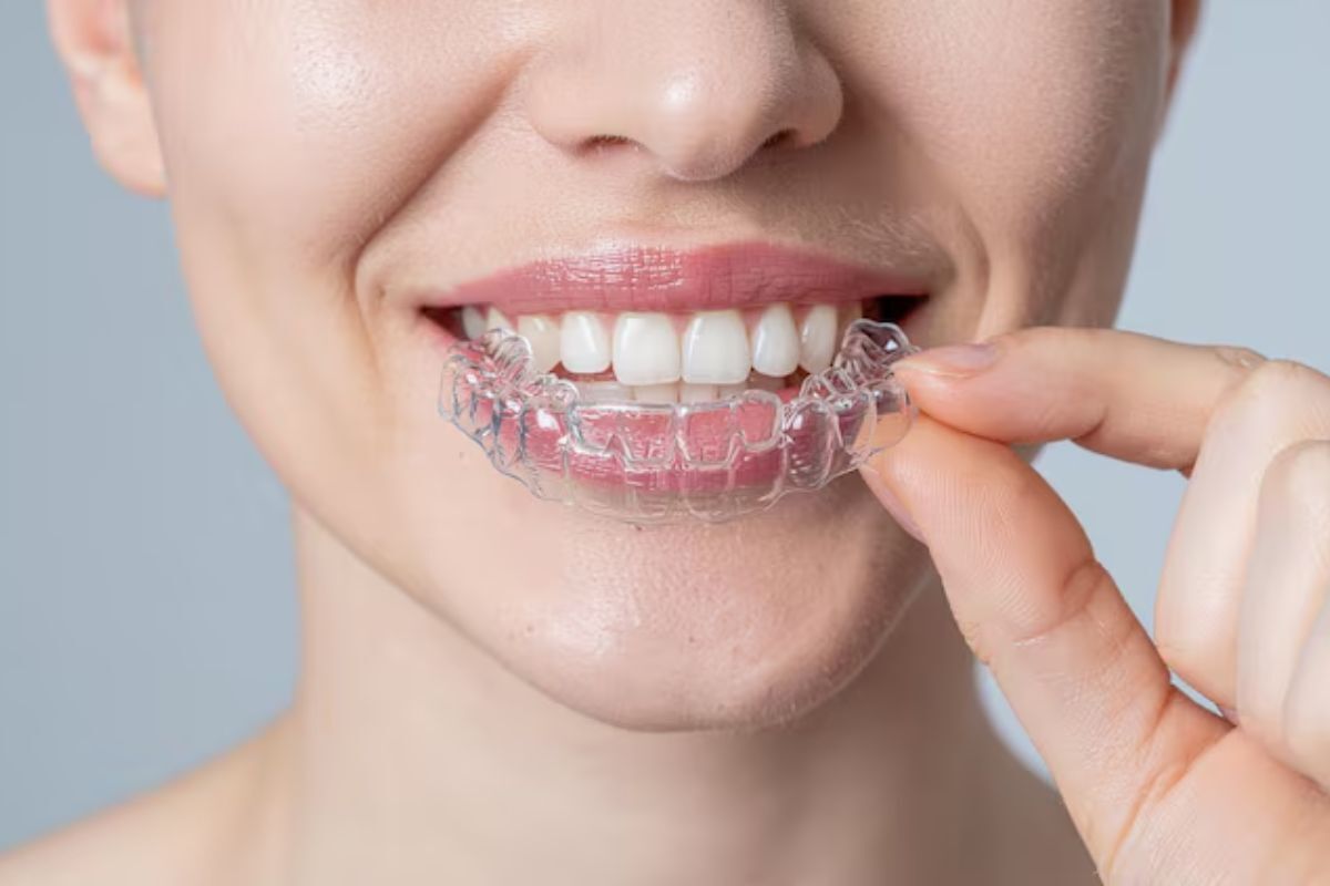 woman holding clear aligners for invisalign teeth straightening treatment